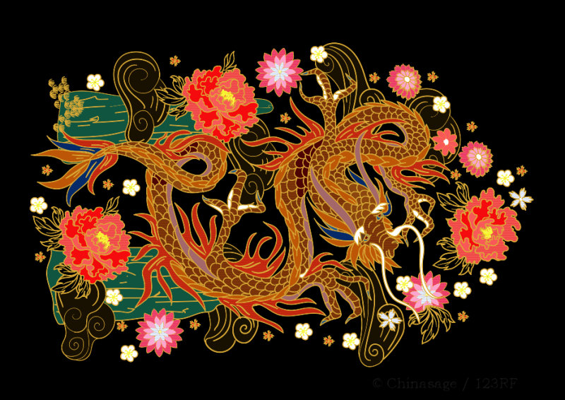 dragon, peony, vector