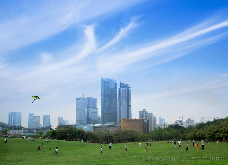 kite, skyscraper, park, people
