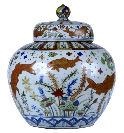 wine jar, carp, lotus